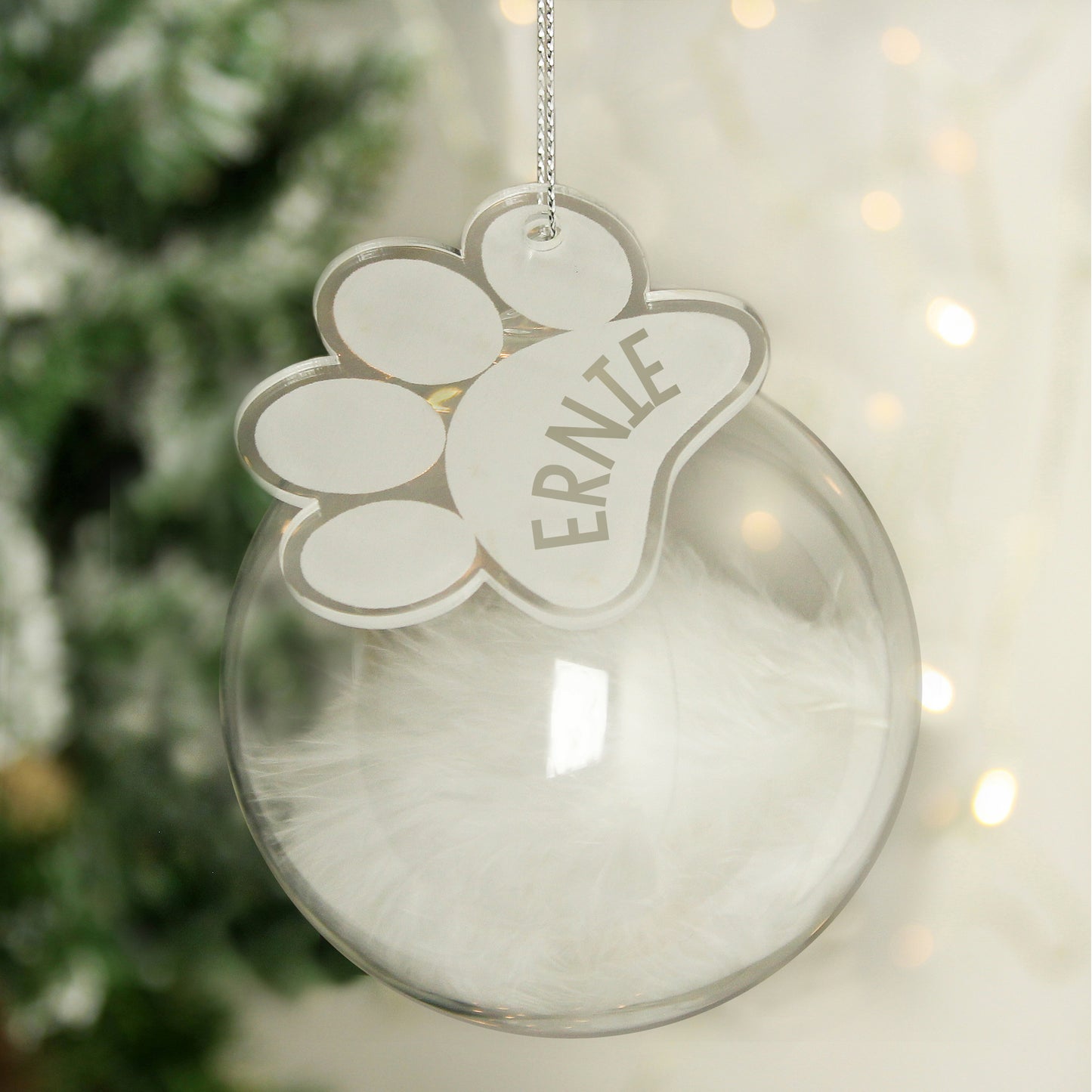 Personalised White Feather Glass Christmas Tree Bauble - Paw Print