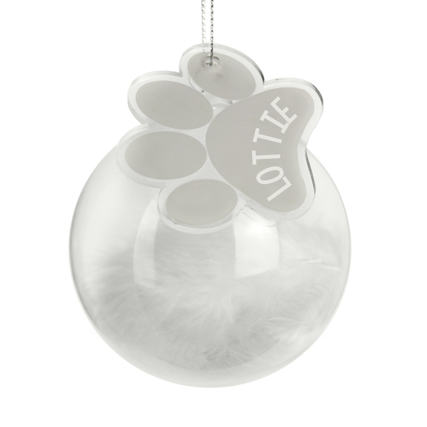 Personalised White Feather Glass Christmas Tree Bauble - Paw Print