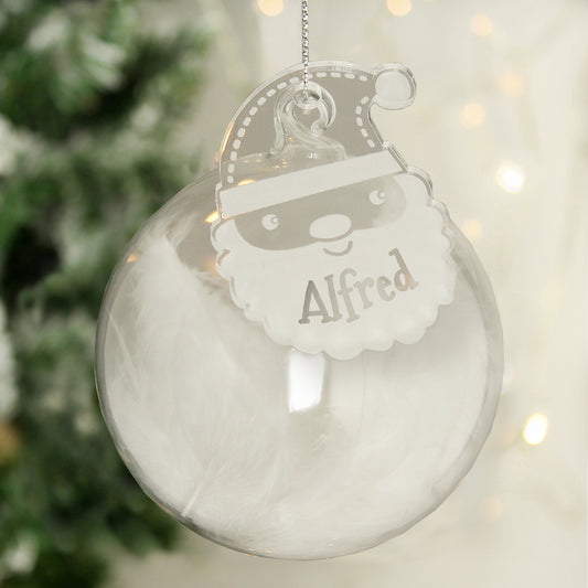 Personalised White Feather Glass Christmas Tree Bauble - Santa
