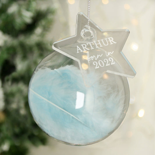 Personalised Blue Feather Glass 'Born in' Christmas Tree Bauble - Star