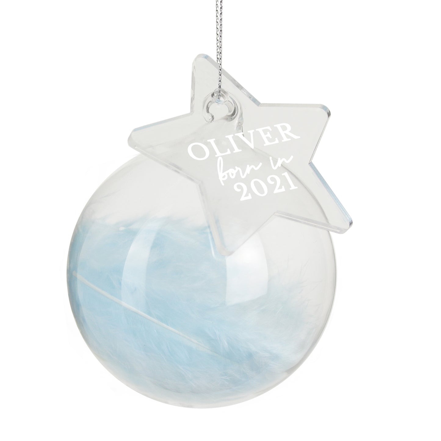 Personalised Blue Feather Glass 'Born in' Christmas Tree Bauble - Star