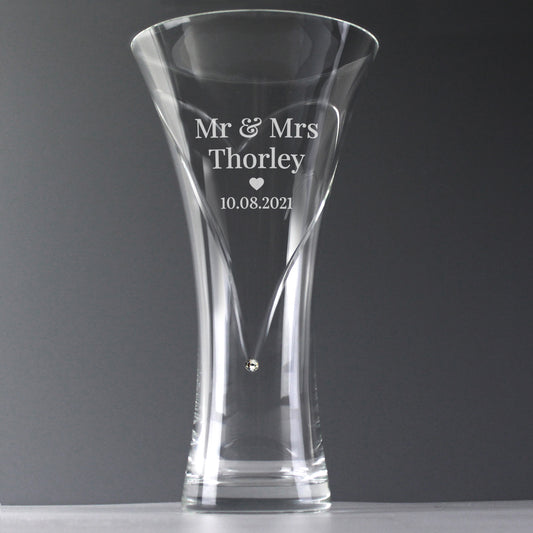 Personalised Couple Large Hand Cut Heart Vase with diamante elements