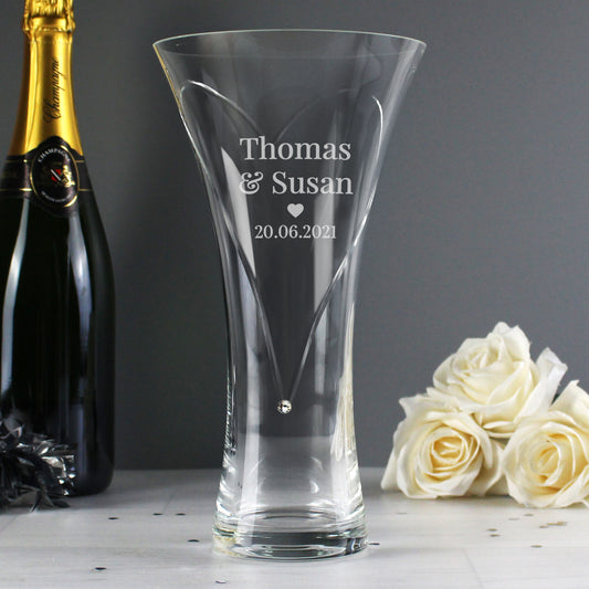 Personalised Couple Large Hand Cut Heart Vase with diamante elements