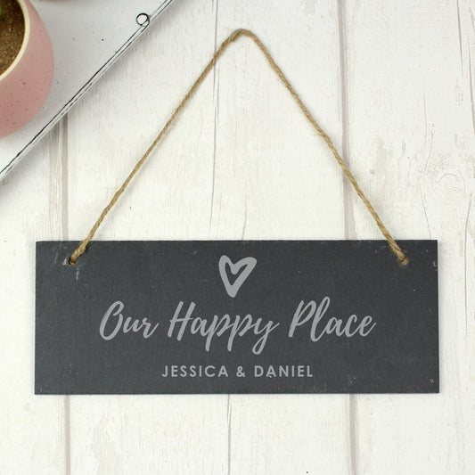 Personalised 'Our Happy Place' Hanging Slate Plaque