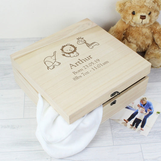 Personalised Hessian Animals Large Wooden Keepsake Box - perfect for New Born, Christening etc.