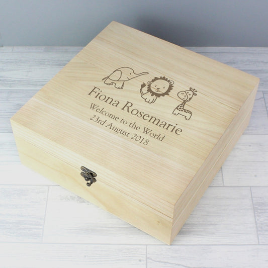 Personalised Hessian Animals Large Wooden Keepsake Box - perfect for New Born, Christening etc.