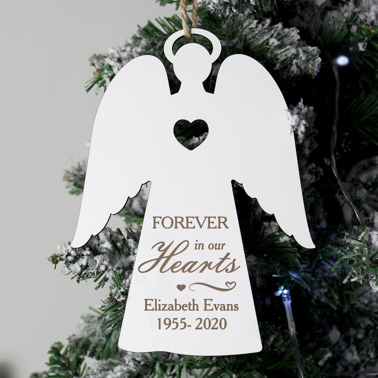 Personalised Wooden Memorial 'Forever in Our Hearts' Angel Christmas Tree Decoration