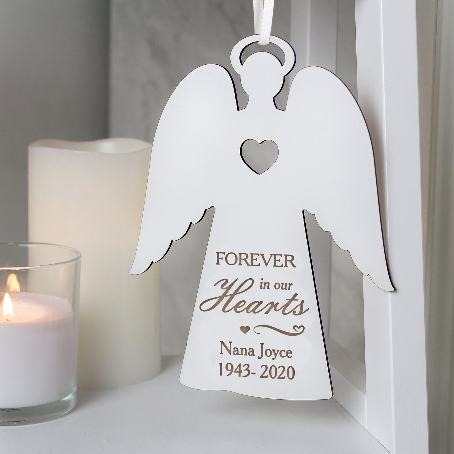 Personalised Wooden Memorial 'Forever in Our Hearts' Angel Christmas Tree Decoration
