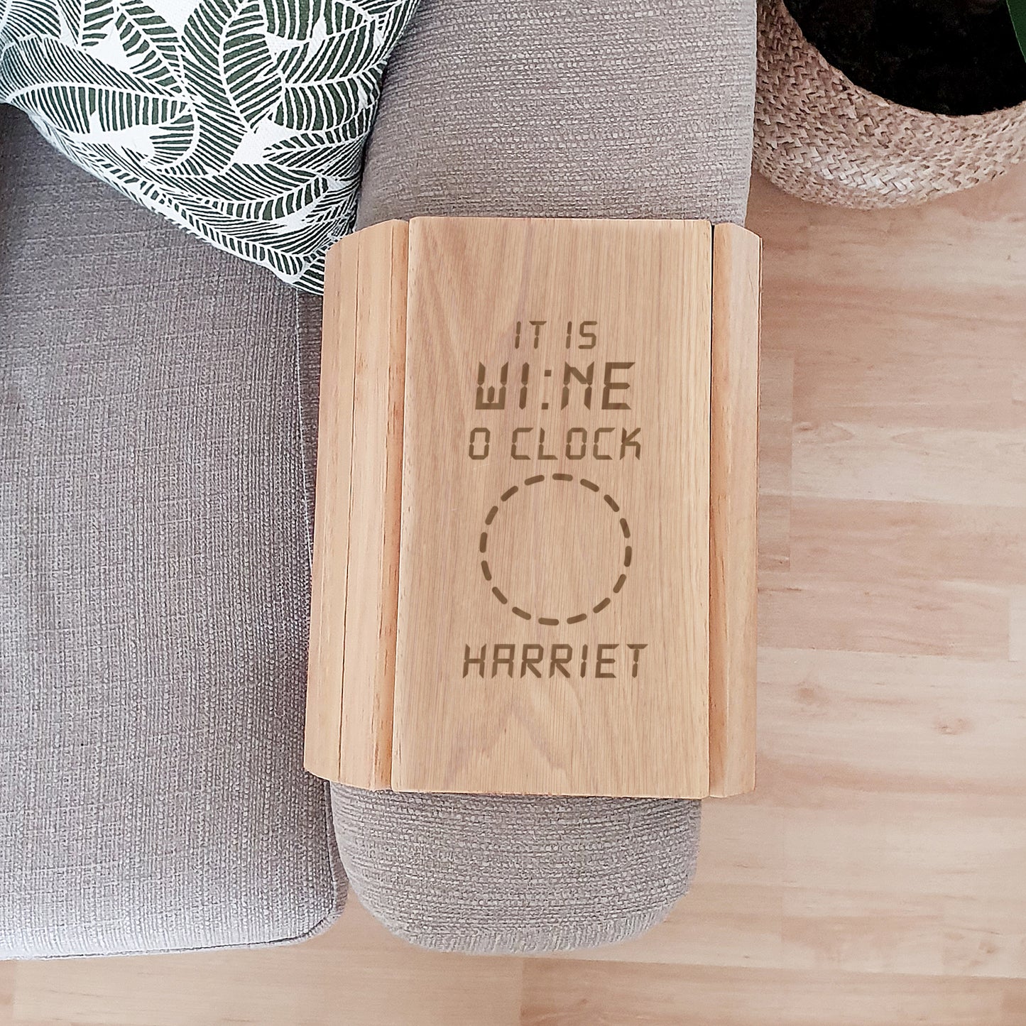 Personalised 'It Is Wine O'Clock' Wooden Sofa Tray