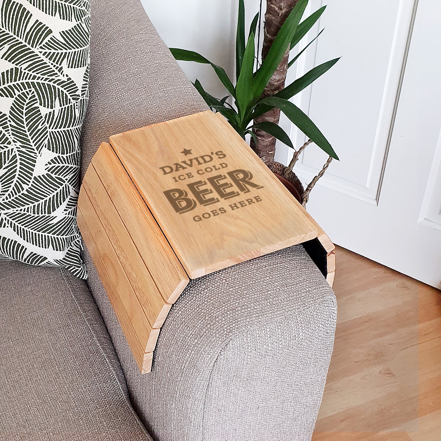 Personalised 'Beer Goes Here' Wooden Sofa Tray