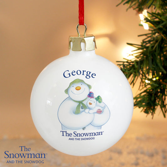 Personalised The Snowman and Snowdog Ceramic Christmas Bauble