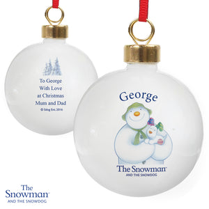 Personalised The Snowman and Snowdog Ceramic Christmas Bauble