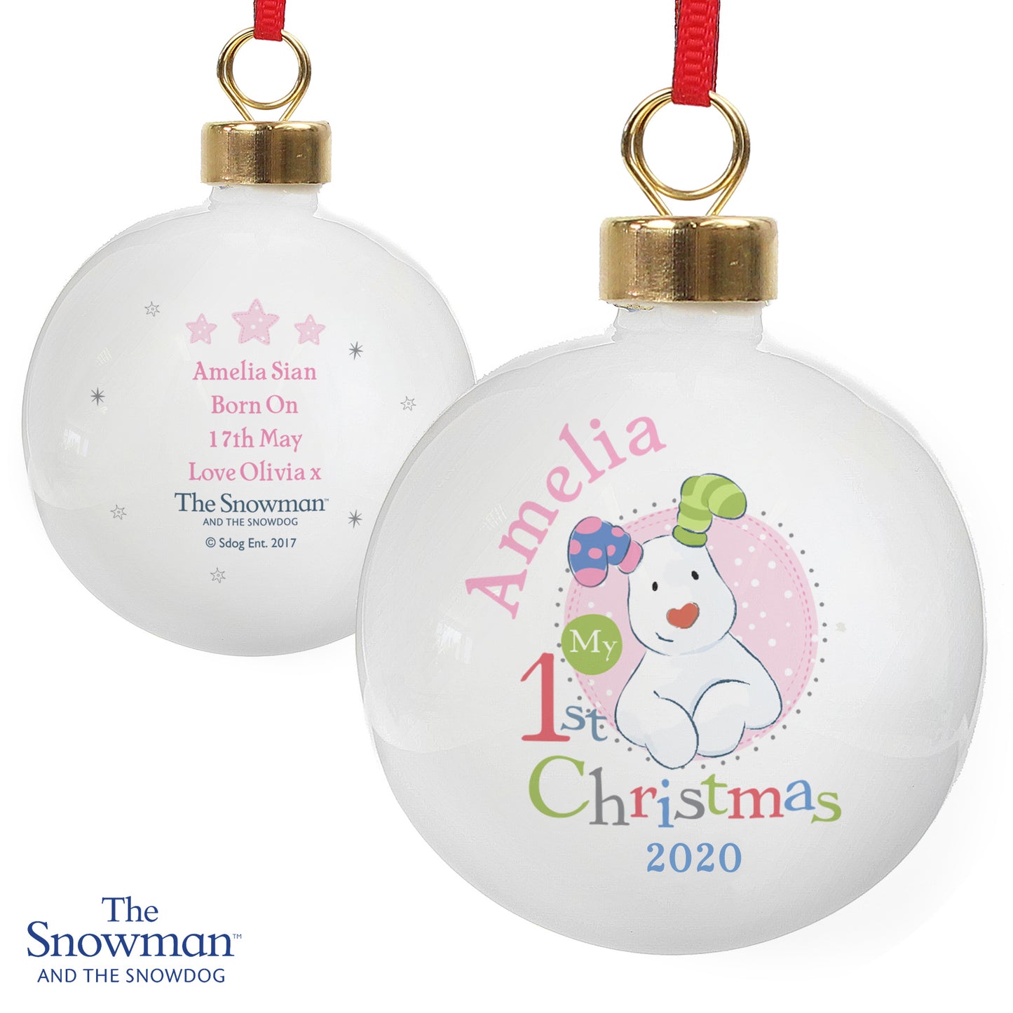 The Snowdog '1st Christmas' Ceramic Christmas Bauble (Pink)