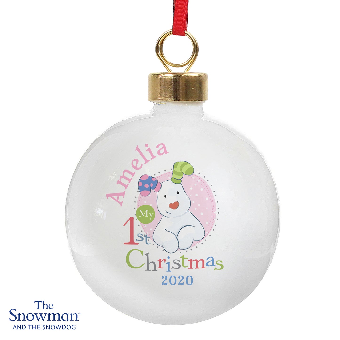 The Snowdog '1st Christmas' Ceramic Christmas Bauble (Pink)