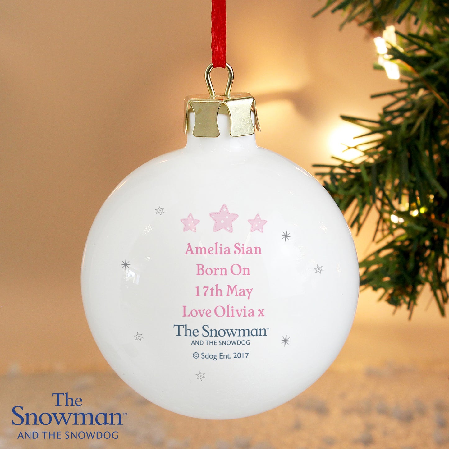 The Snowdog '1st Christmas' Ceramic Christmas Bauble (Pink)