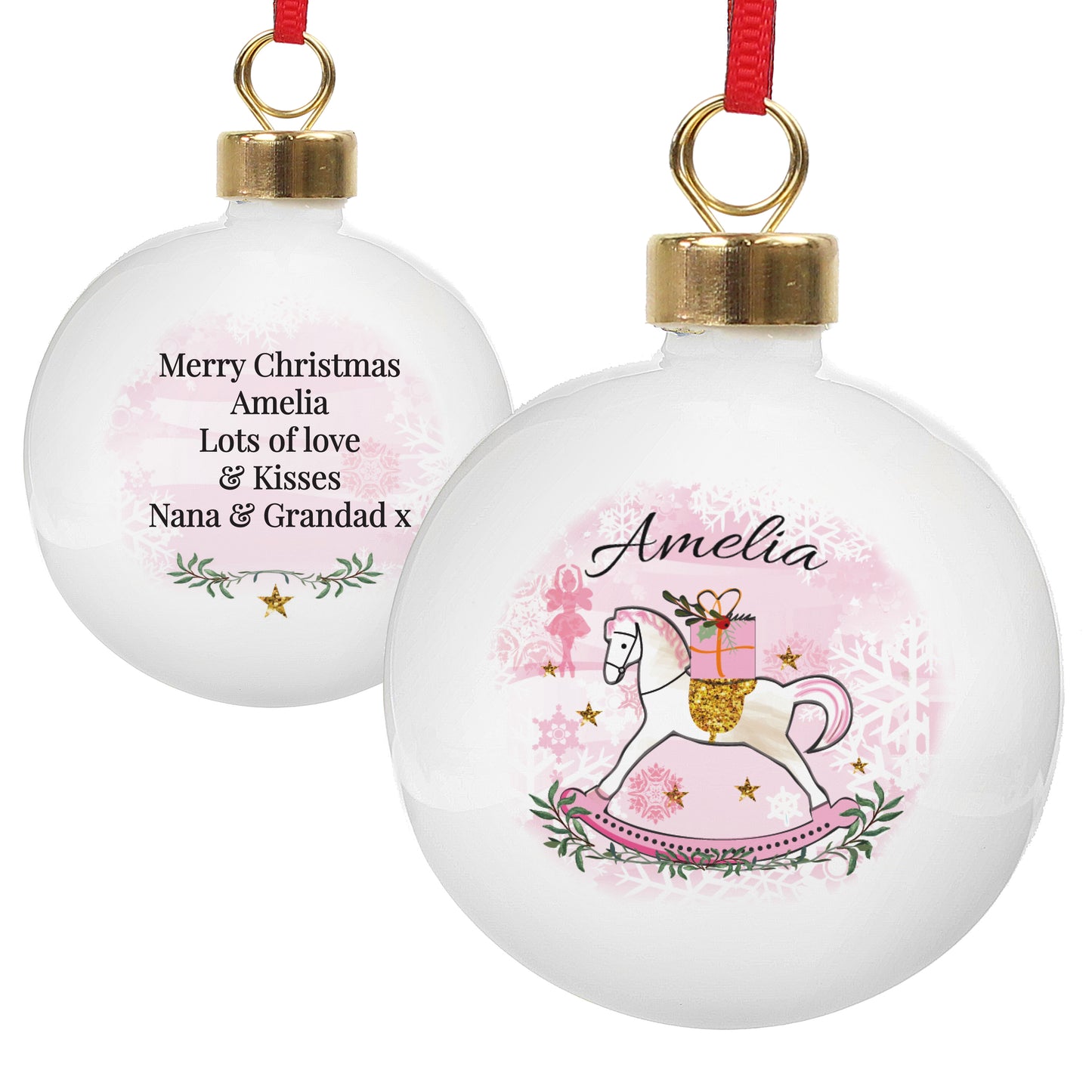 Personalised Ceramic Christmas Rocking Horse Bauble - Available in Pink or Blue