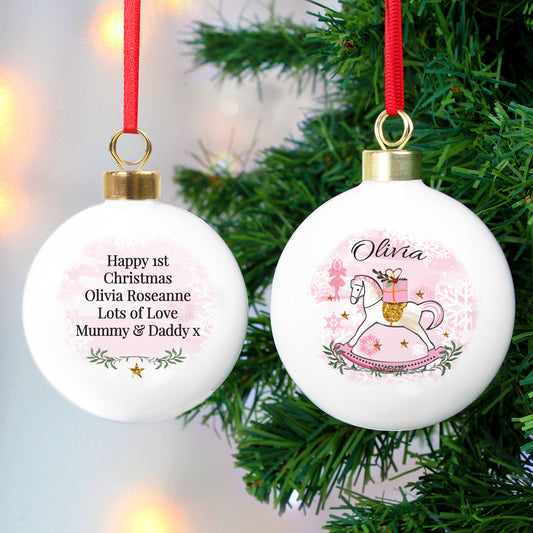 Personalised Ceramic Christmas Rocking Horse Bauble - Available in Pink or Blue