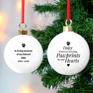 Personalised Christmas 'Pawprints on my Heart' Memorial Pet Bauble