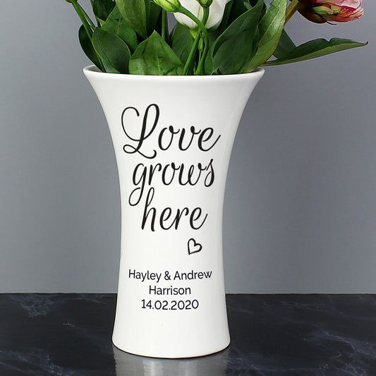 Personalised Love Grows Here Ceramic Waisted Vase- perfect for Weddings, Anniversaries etc.