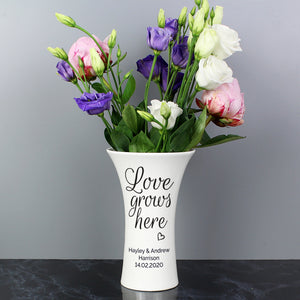 Personalised Love Grows Here Ceramic Waisted Vase- perfect for Weddings, Anniversaries etc.