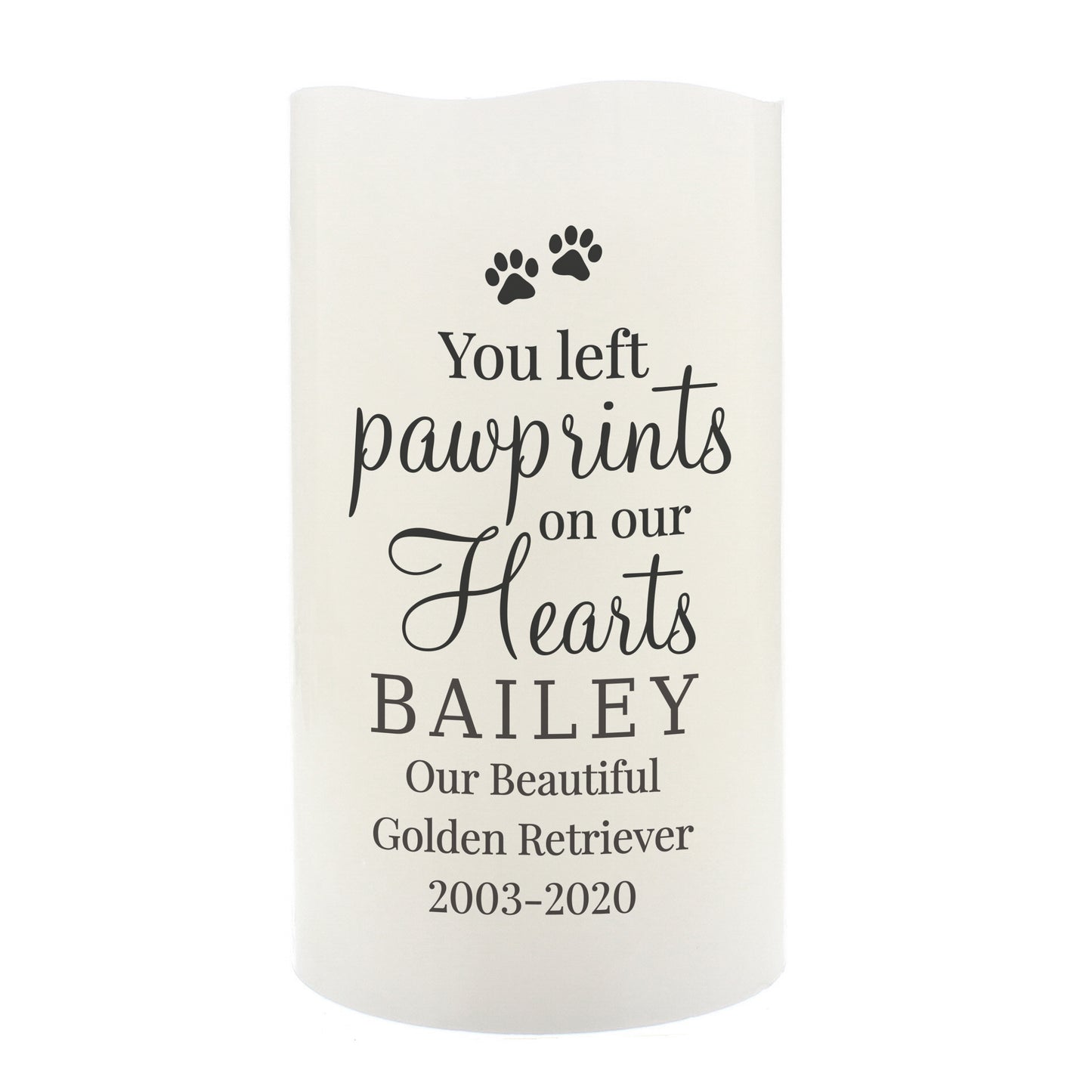 Personalised 'Pawprints On Our Hearts' Memorial LED Candle
