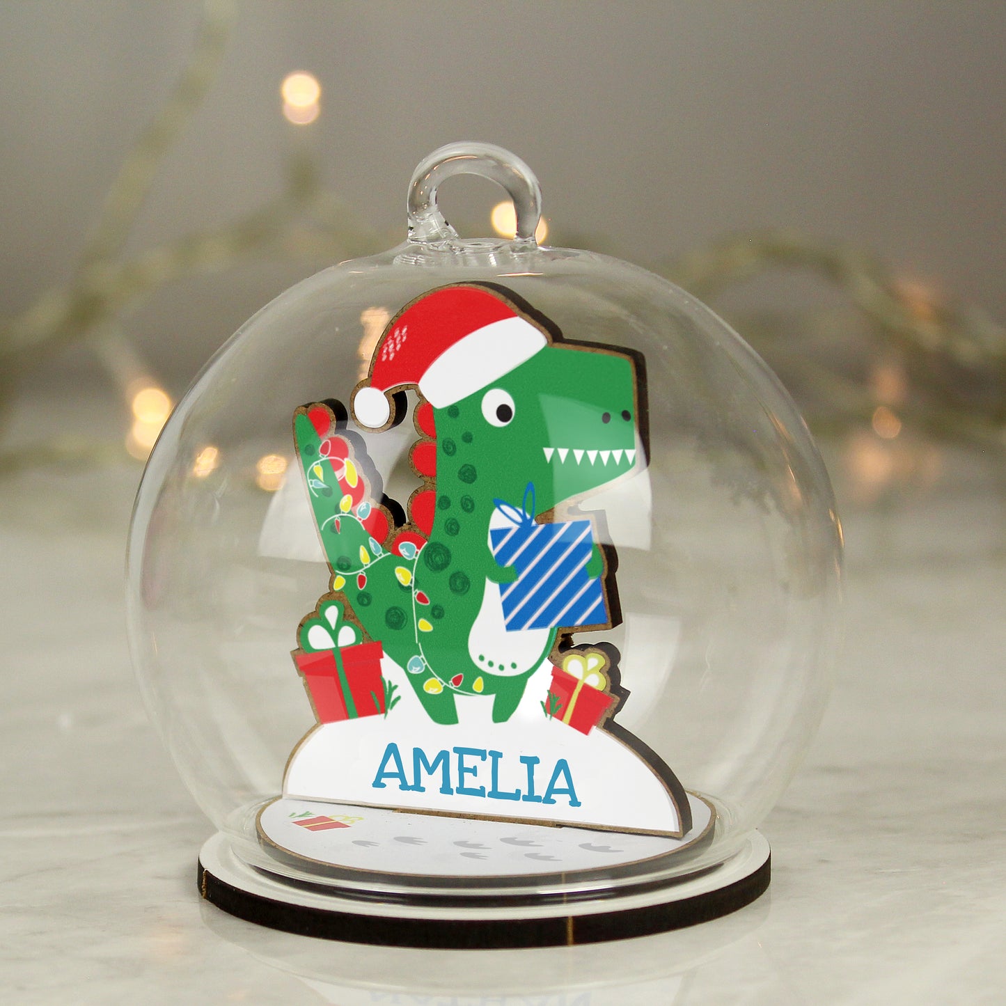 Personalised Wooden Dinosaur Glass Christmas Bauble