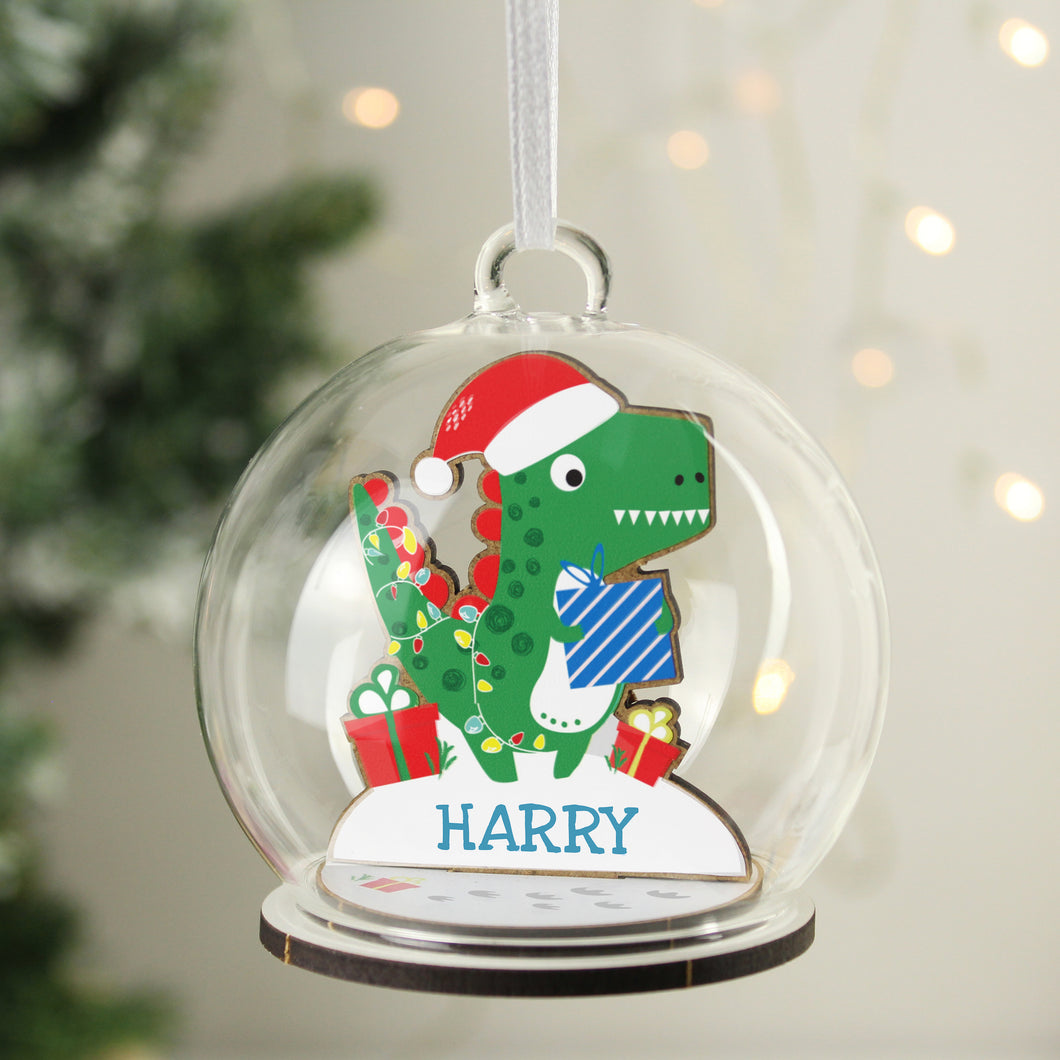 Personalised Wooden Dinosaur Glass Christmas Bauble