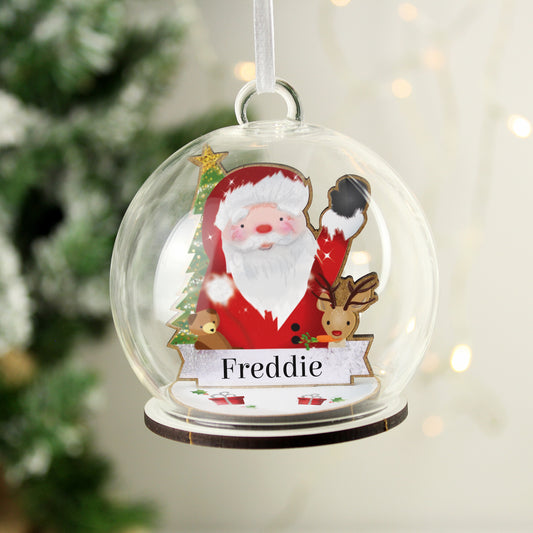 Personalised Wooden Santa and Friends Glass Christmas Bauble