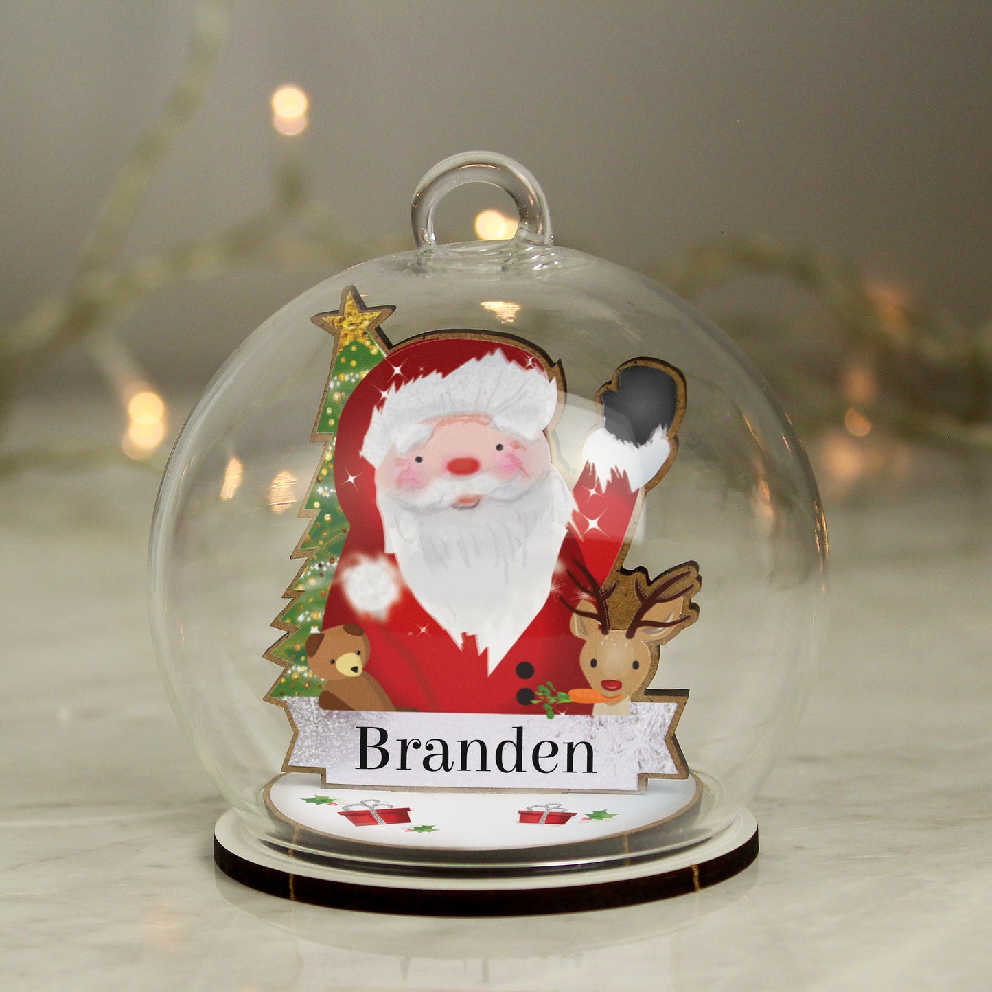Personalised Wooden Santa and Friends Glass Christmas Bauble