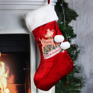 Personalised Festive Fawn Red Christmas Stocking
