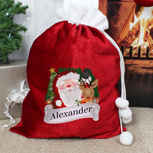 Personalised Santa plus Rudolph Red Christmas Sack