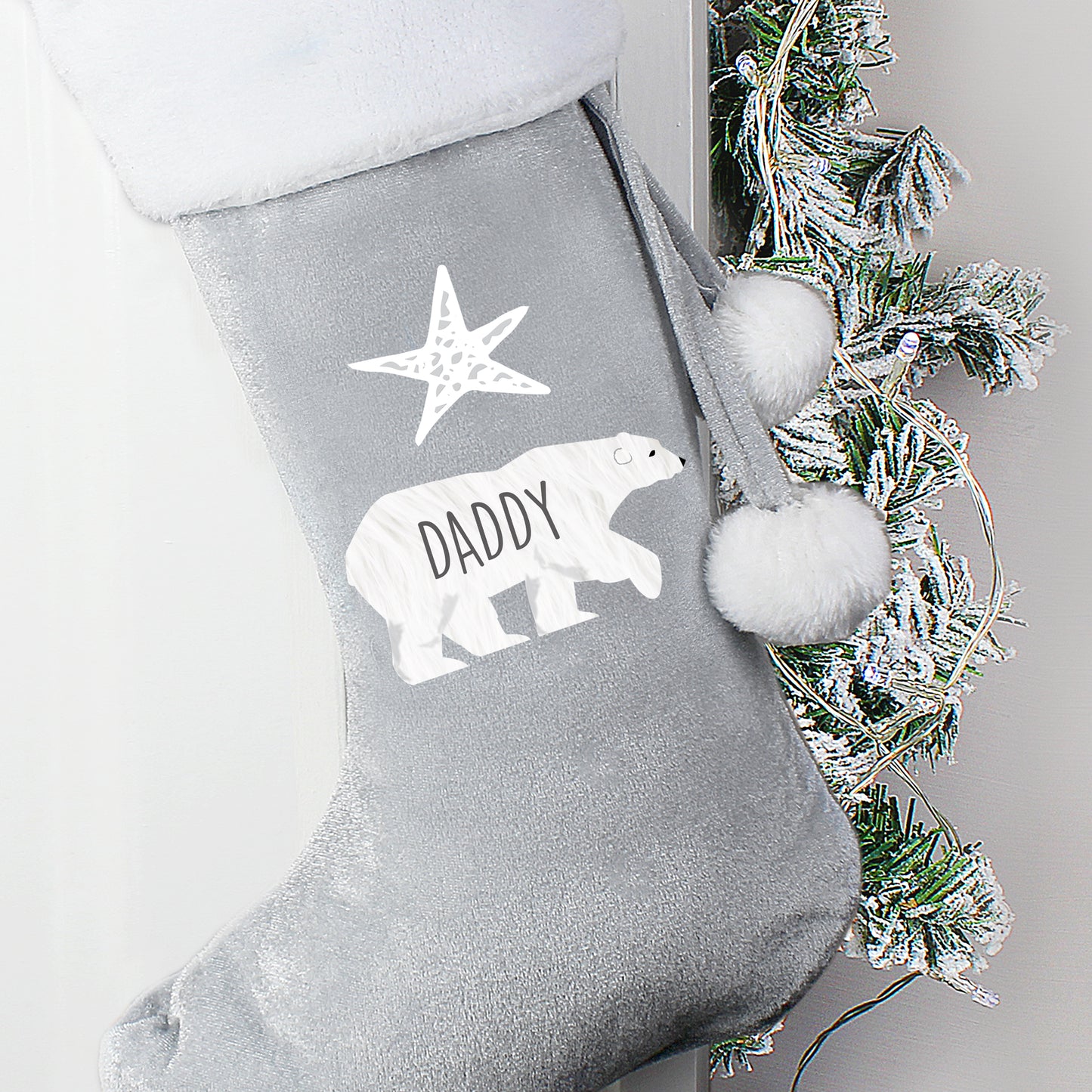 Personalised Adult or Baby Polar Bear Luxury  Silver Grey Christmas Stocking