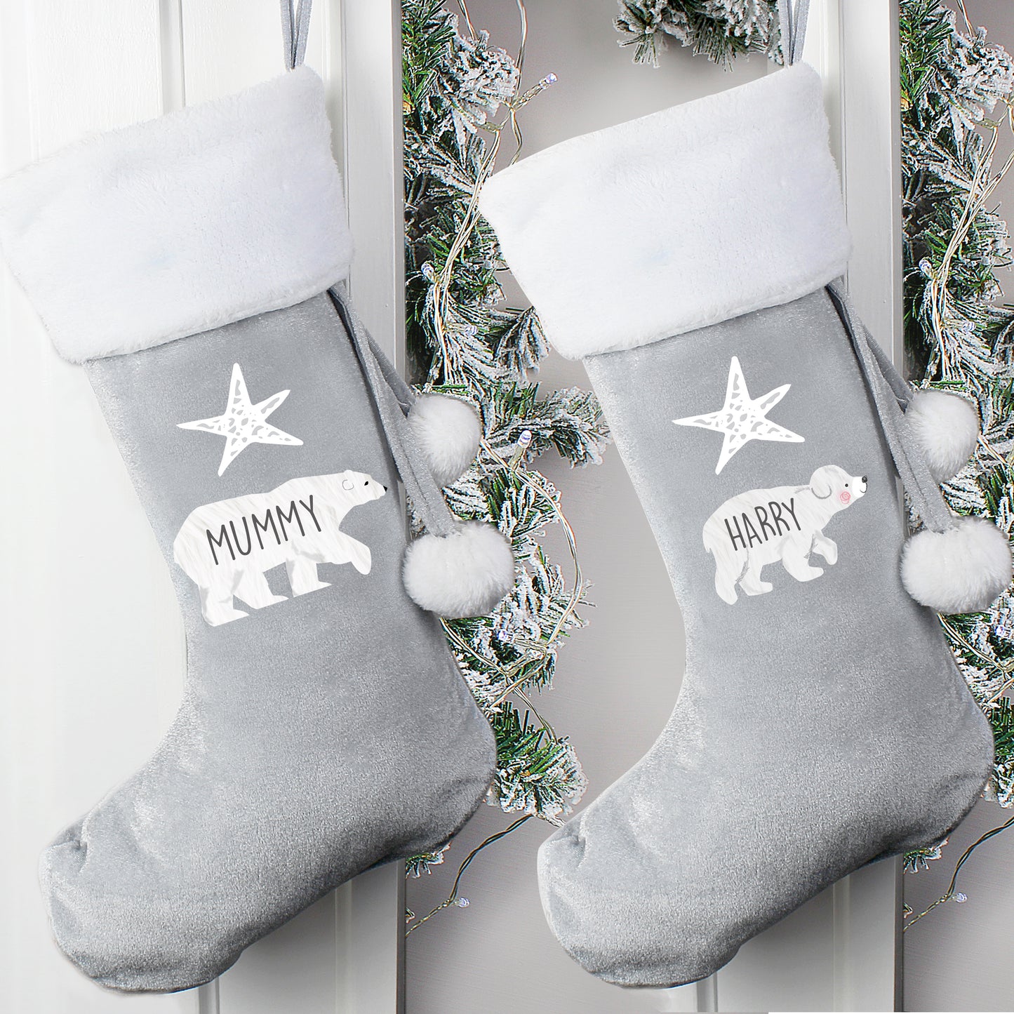 Personalised Adult or Baby Polar Bear Luxury  Silver Grey Christmas Stocking