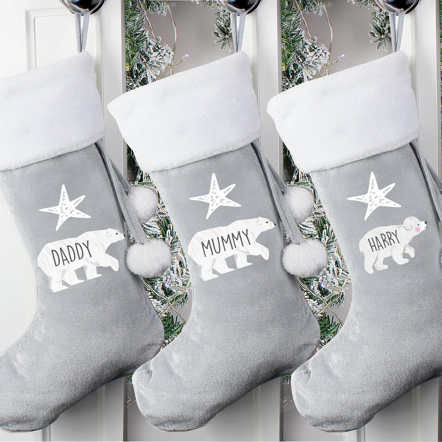 Personalised Adult or Baby Polar Bear Luxury  Silver Grey Christmas Stocking