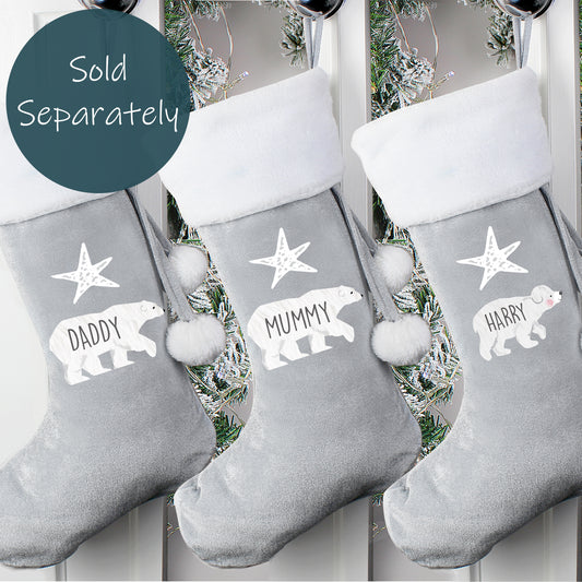 Personalised Adult or Baby Polar Bear Luxury  Silver Grey Christmas Stocking