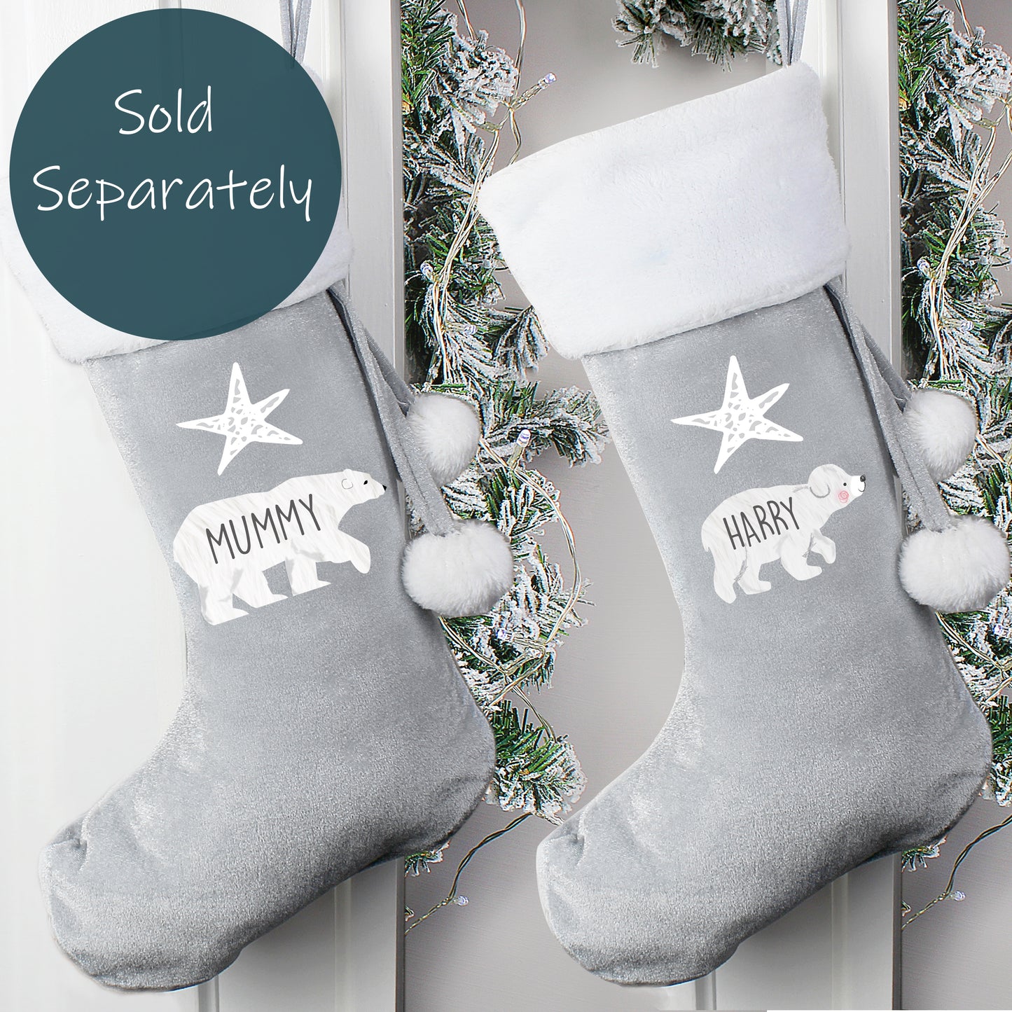 Personalised Adult or Baby Polar Bear Luxury  Silver Grey Christmas Stocking