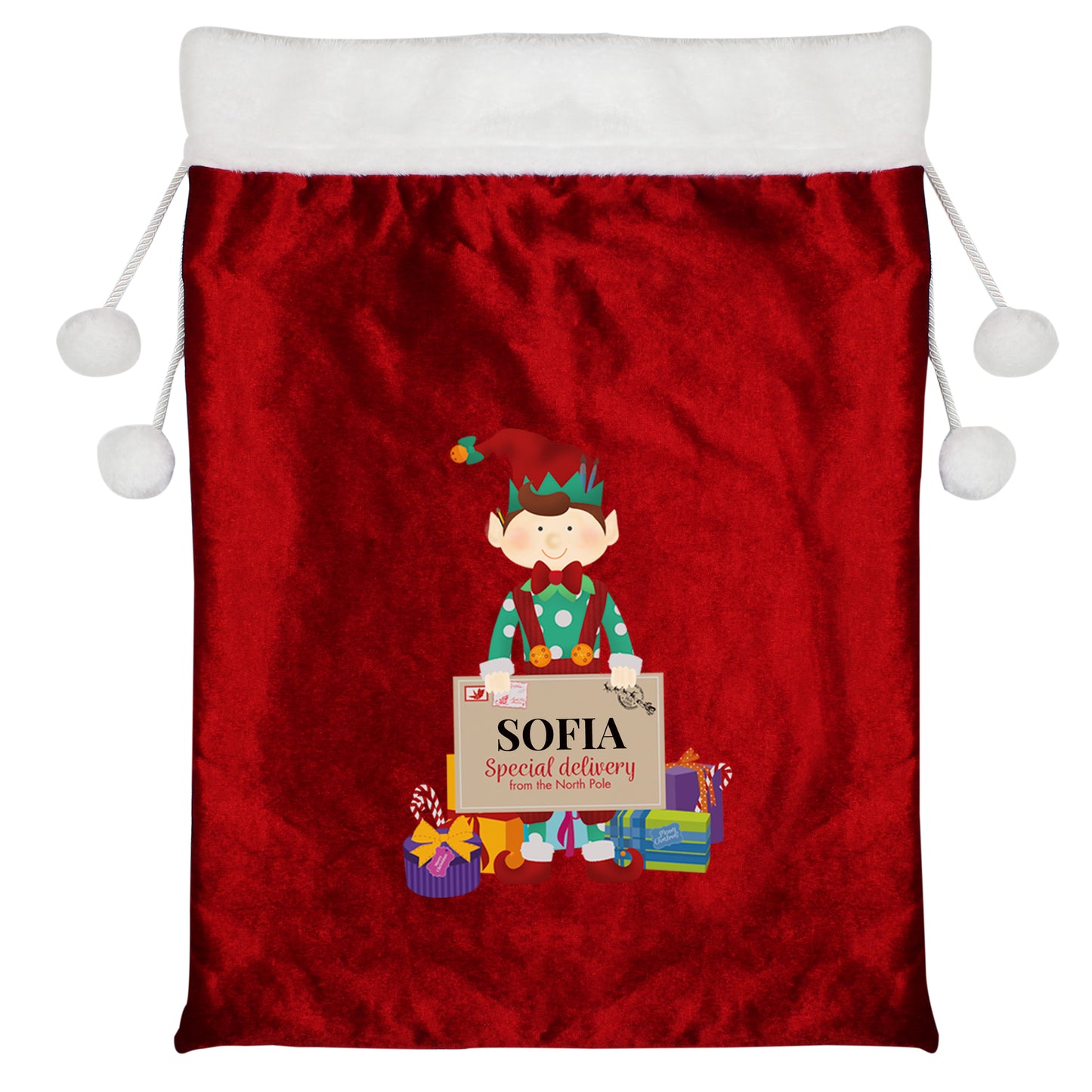 Personalised Elf Luxury Pom Pom Christmas Sack