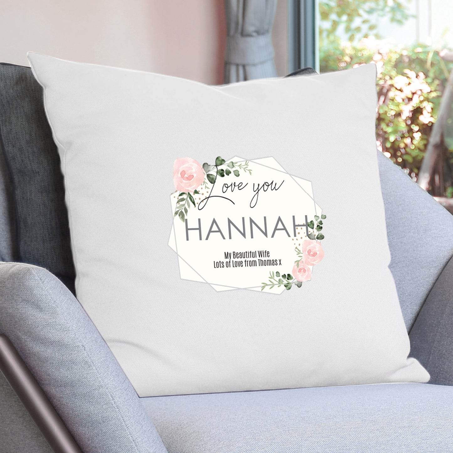 Personalised 'Love You' Abstract Rose Cream Cushion