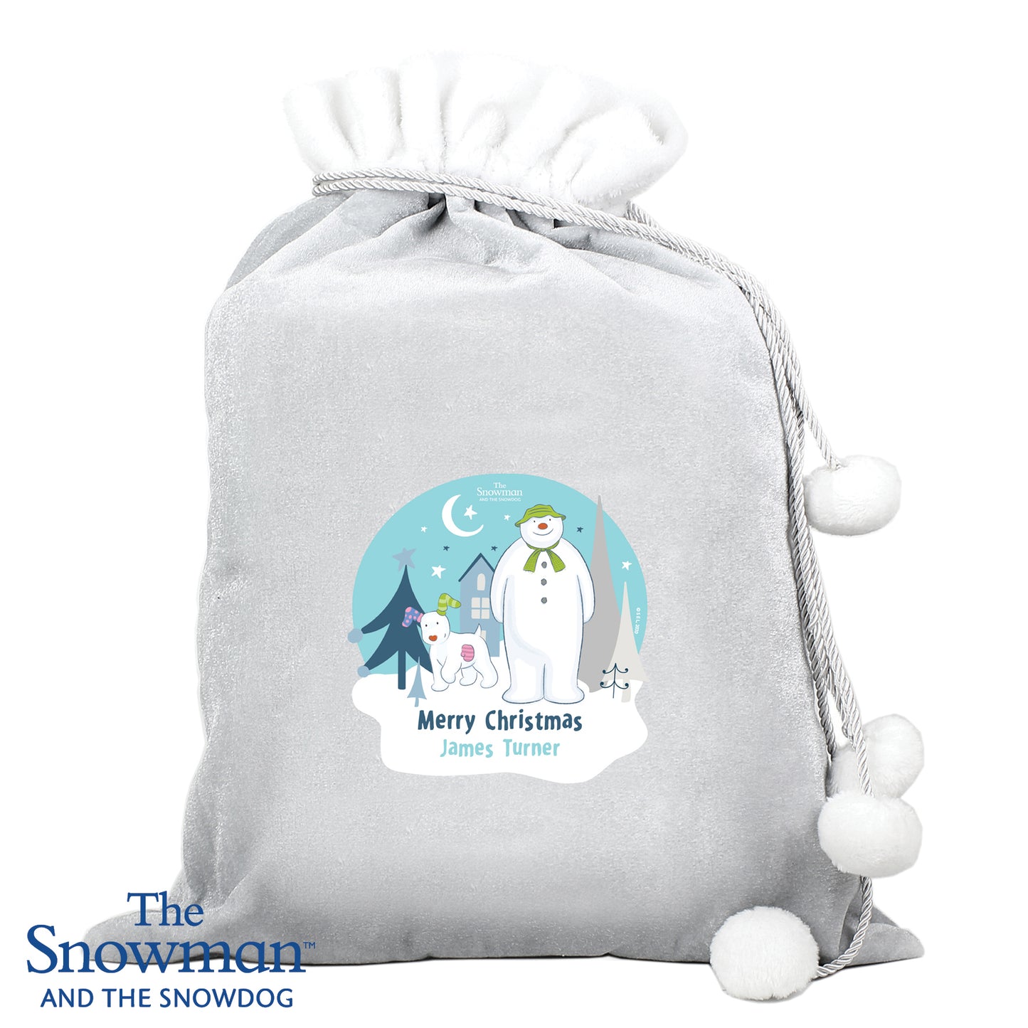 Personalised The Snowman & Snowdog Luxury Silver Christmas Sack