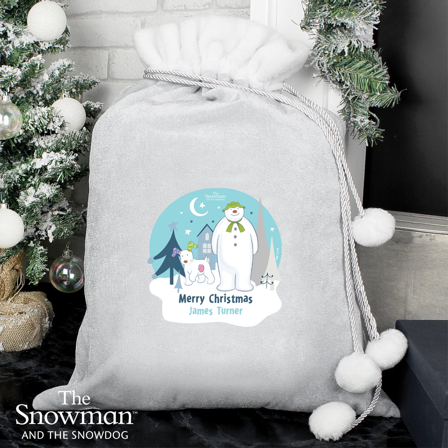 Personalised The Snowman & Snowdog Luxury Silver Christmas Sack