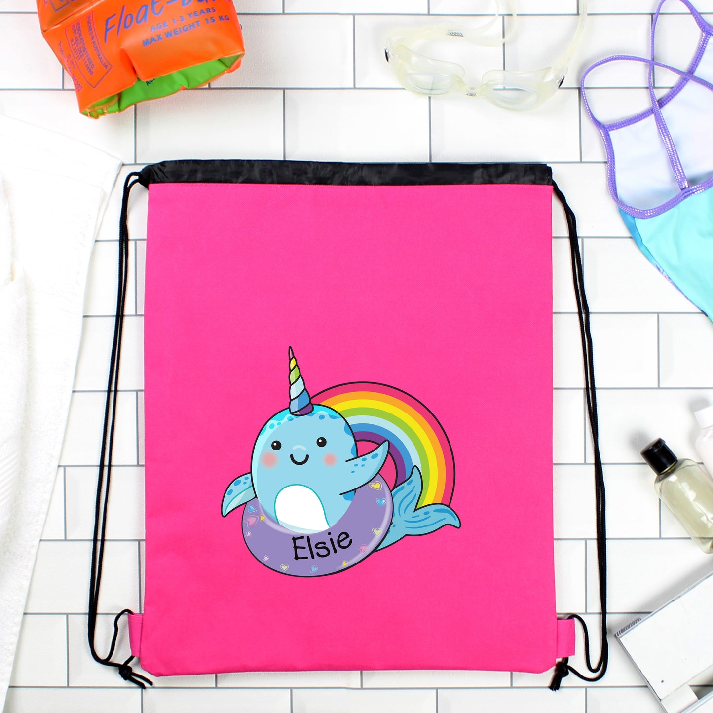Personalised Pink Rainbow Narwhal Swimming, Gym or Kit Bag