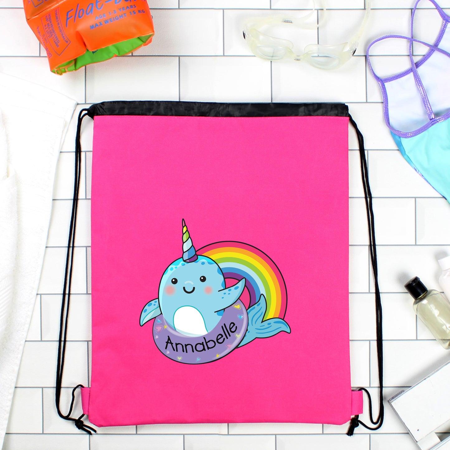 Personalised Pink Rainbow Narwhal Swimming, Gym or Kit Bag