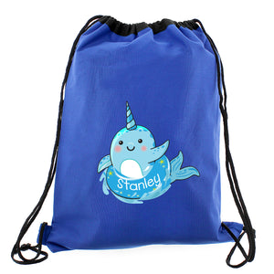Personalised Blue Narwhal Swimming, Gym or Kit Bag