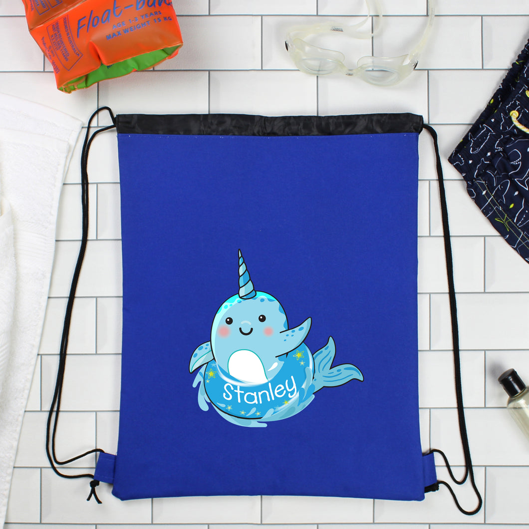 Personalised Blue Narwhal Swimming, Gym or Kit Bag