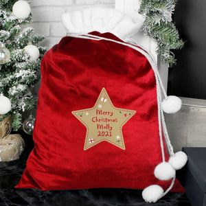 Personalised 'Any Message' Star Luxury Pom Pom Red Christmas Sack