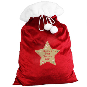 Personalised 'Any Message' Star Luxury Pom Pom Red Christmas Sack