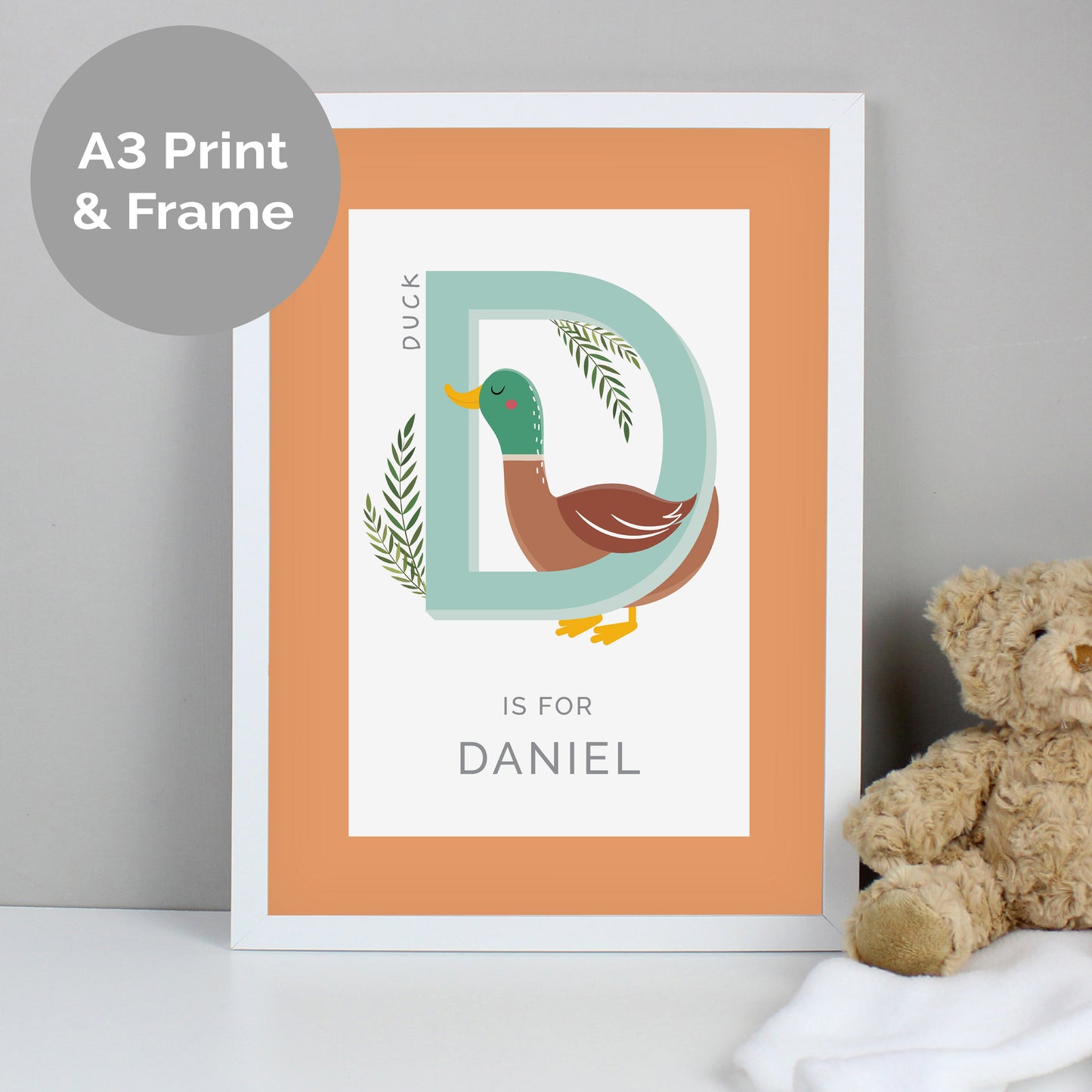 Personalised Animal Alphabet White Framed Print - A3