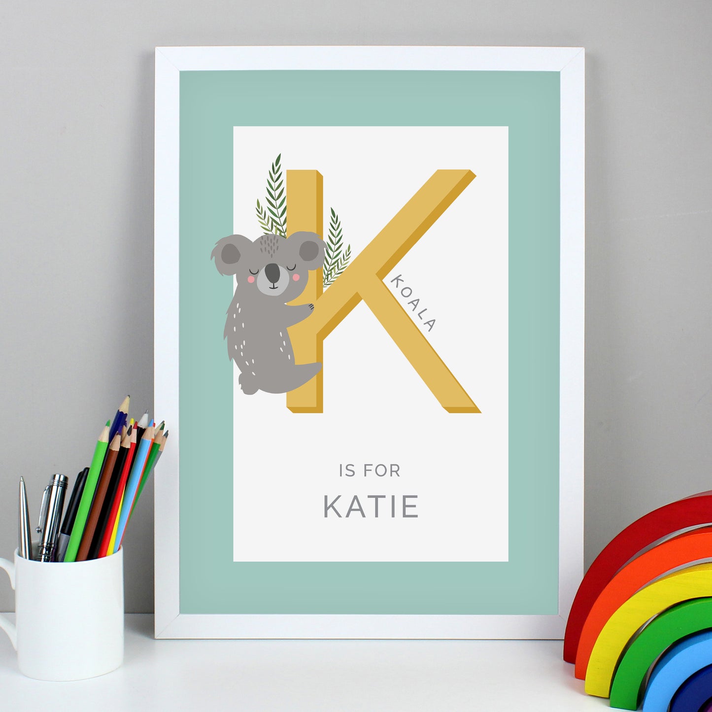 Personalised Animal Alphabet White Framed Print - A3