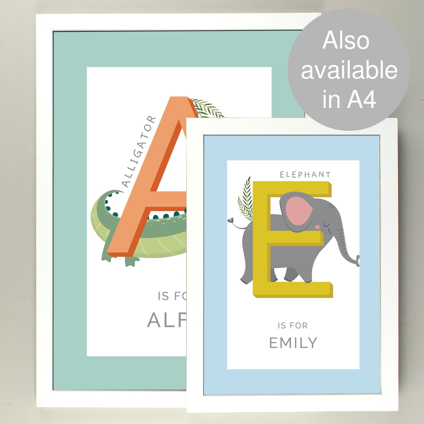 Personalised Animal Alphabet White Framed Print - A3