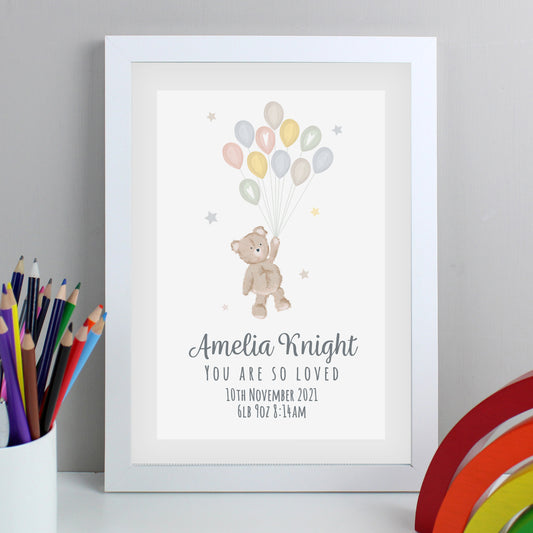 Personalised Teddy & Balloons White Framed Print (New Baby) - A4